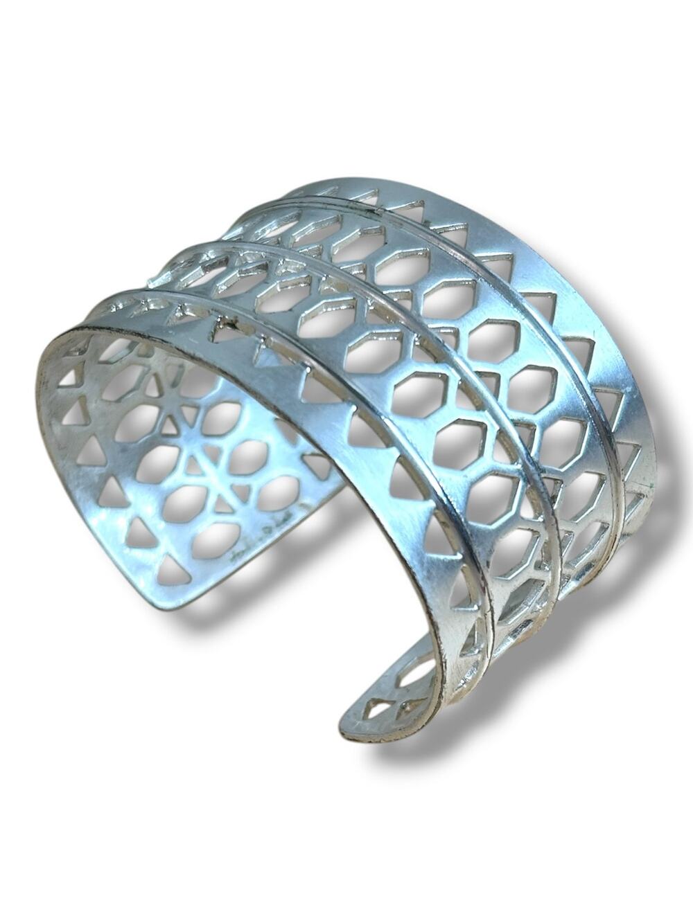 Stella & Dot Plait Cuff Bracelet Light Silver Tone Geometric Cutout Design
